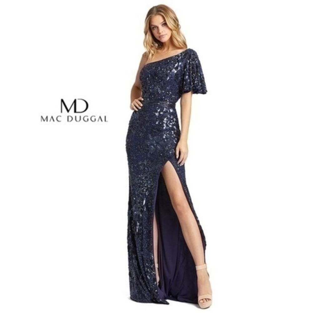 Mac Duggal Midnight Blue 4986D Sequined Asymmetric One Shoulder Evening Gown 14